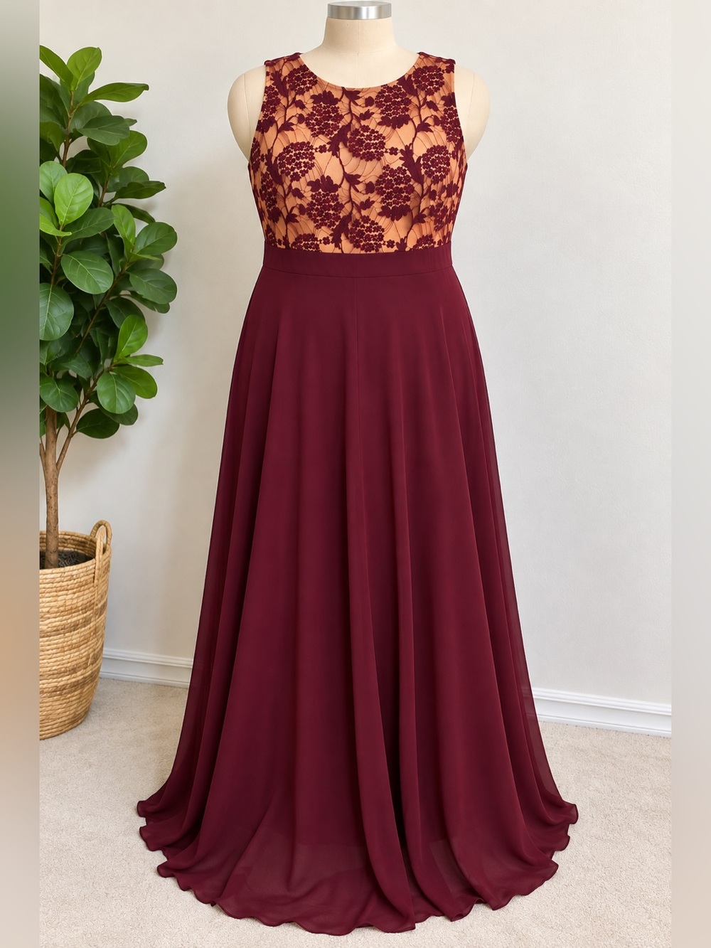 Elegant Burgundy Lace Bodice Evening Dress